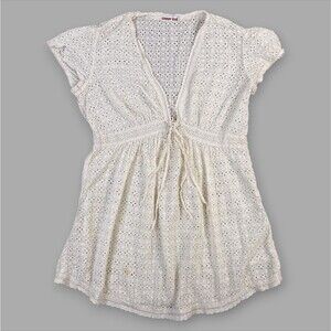 Johnny Was Women's Cover Up Dress Off-White Eyelet Empire Waist V-Neck Sz Small